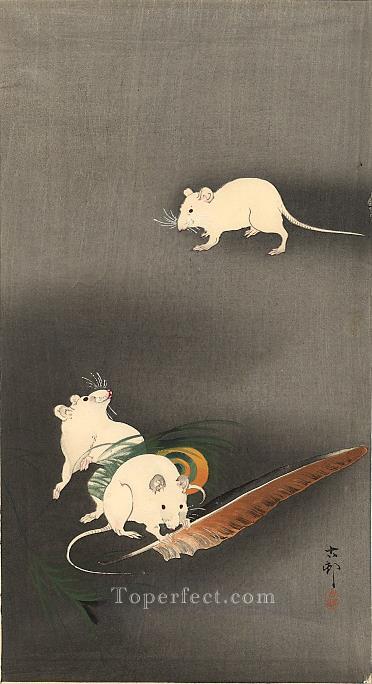 三匹の白いネズミ 1900年 大原古邨新版画油絵